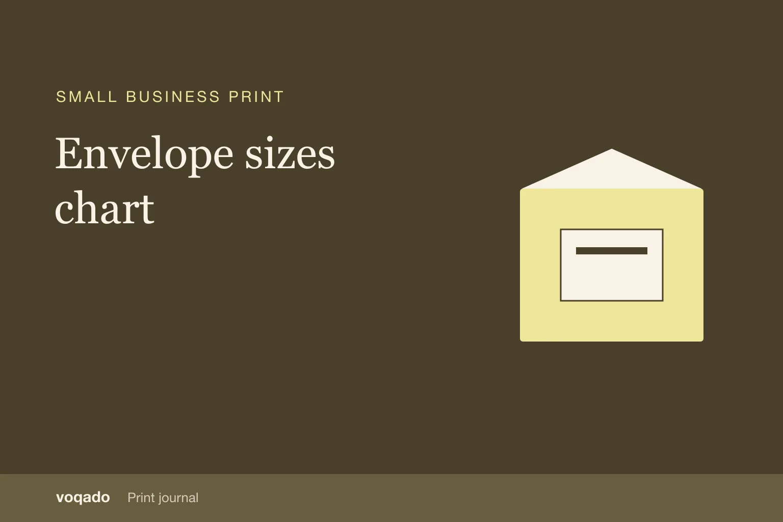 Editorial cover with the headline "Envelope sizes chart" beside a simple illustration of a printed package and insert card.