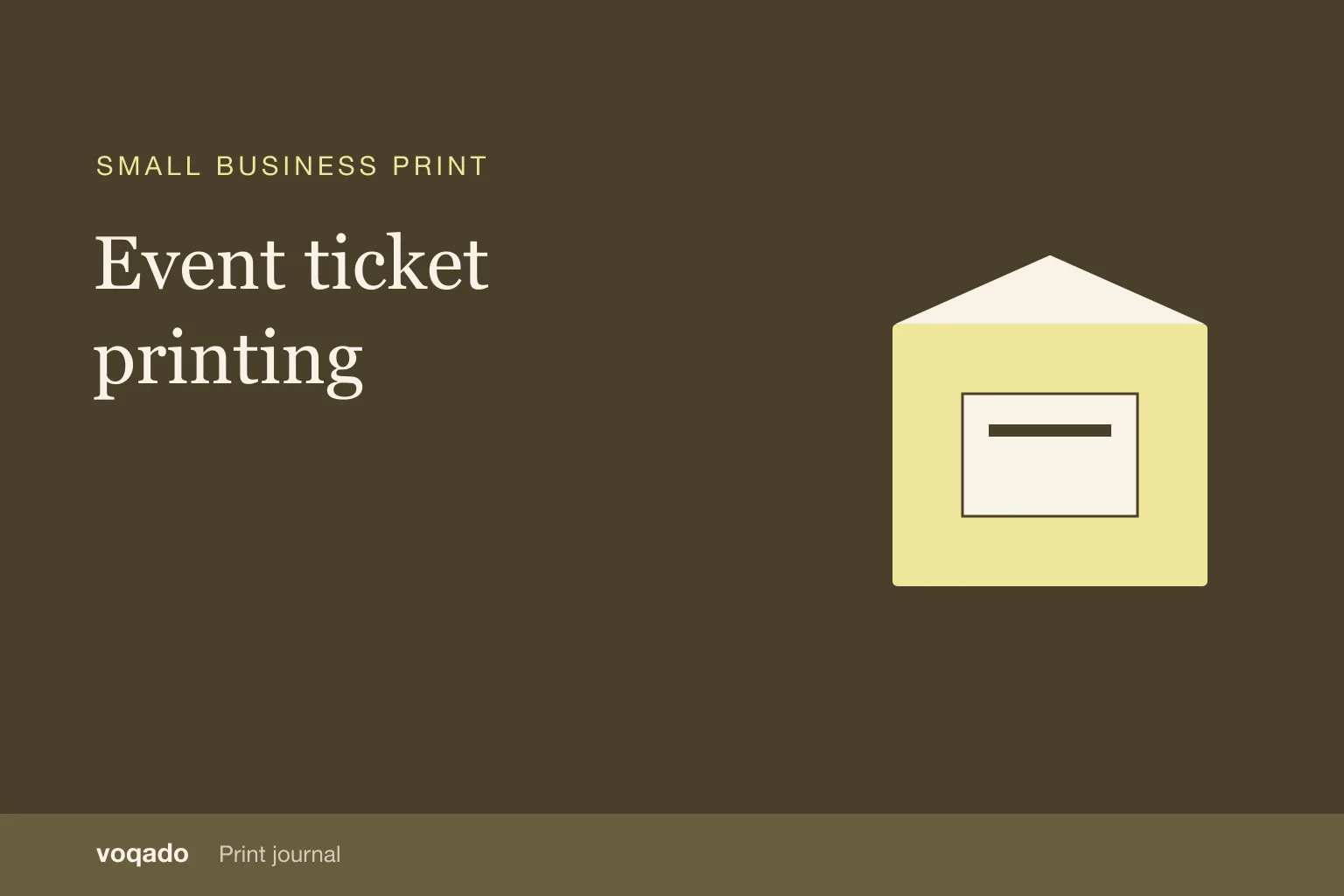 Editorial cover with the headline "Event ticket printing" beside a simple illustration of a printed package and insert card.