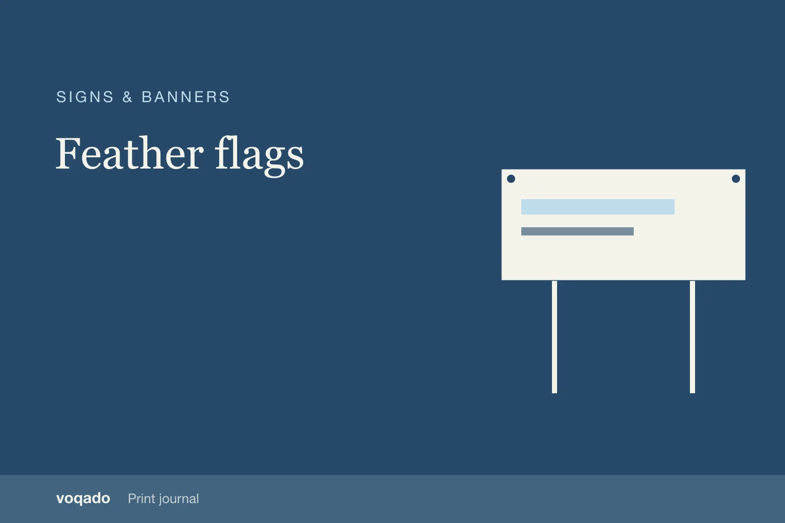 Editorial cover with the headline "Feather flags" beside a simple illustration of a banner on posts.