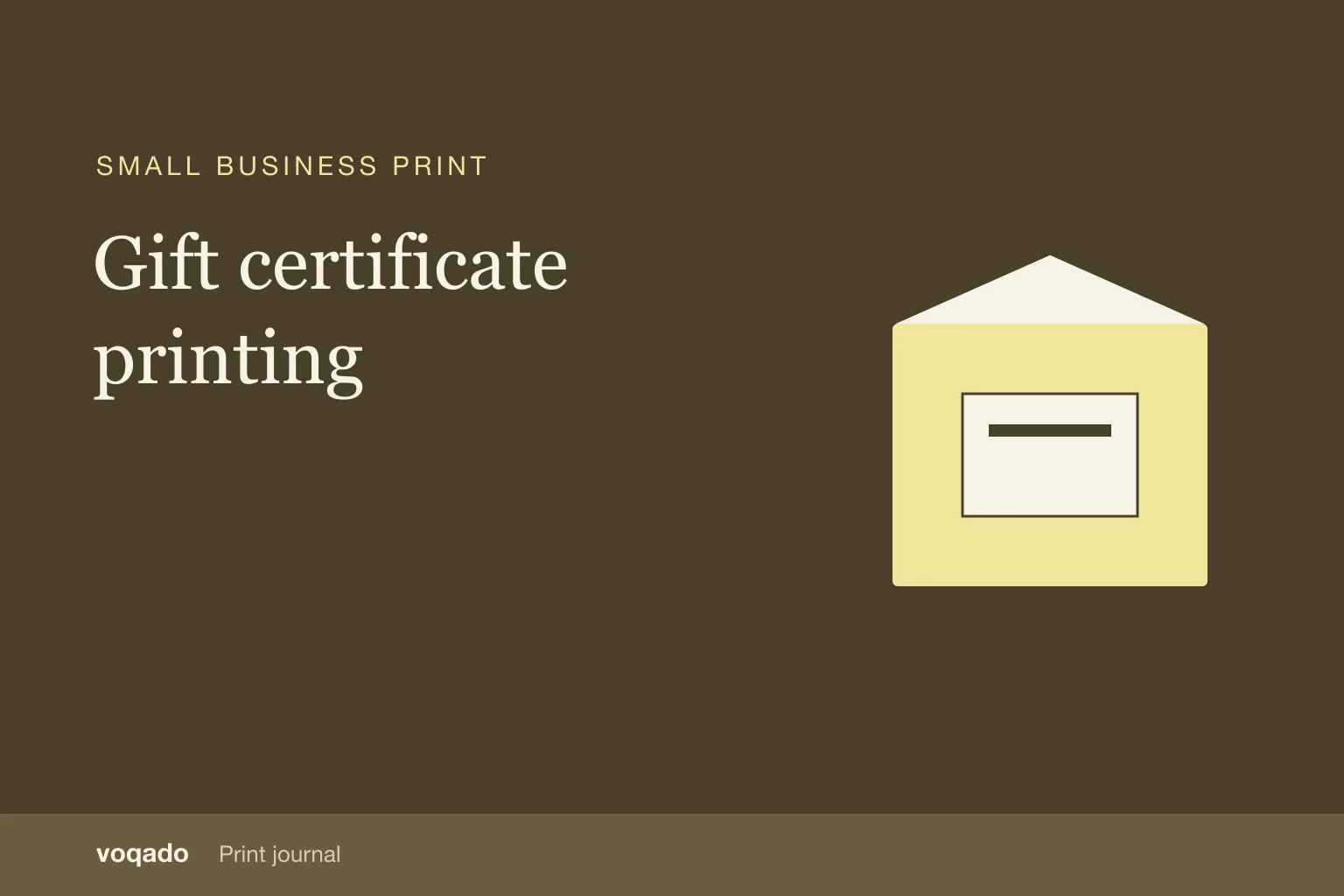 Editorial cover with the headline "Gift certificate printing" beside a simple illustration of a printed package and insert card.