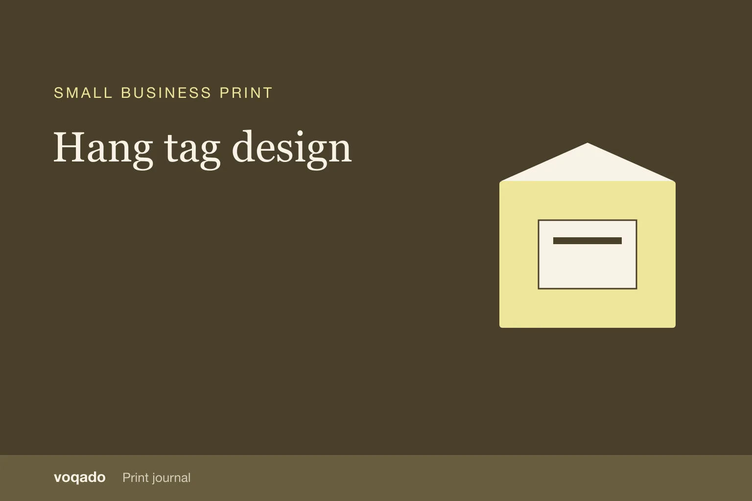 Editorial cover with the headline "Hang tag design" beside a simple illustration of a printed package and insert card.