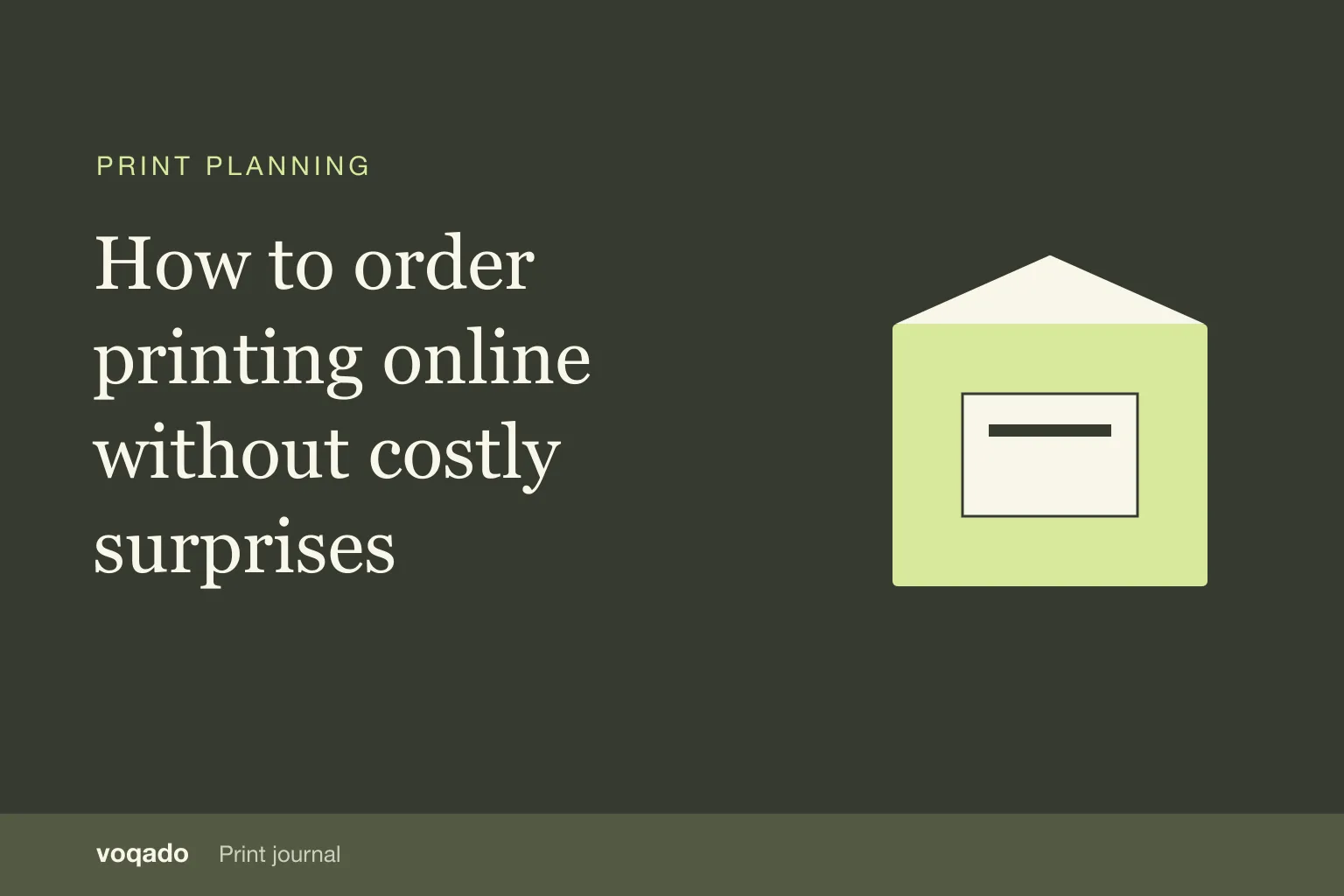 Editorial cover with the headline "How to order printing online without costly surprises" beside a simple illustration of stacked business cards.