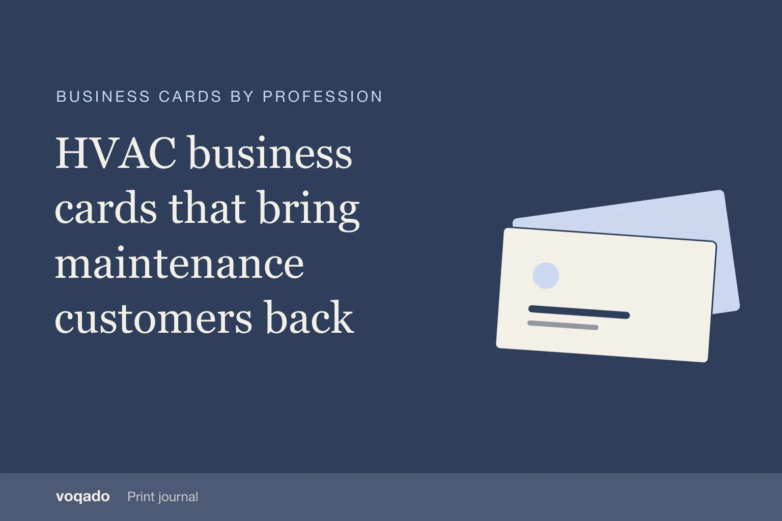 Editorial cover with the headline "HVAC business cards that bring maintenance customers back" beside a simple illustration of stacked business cards.