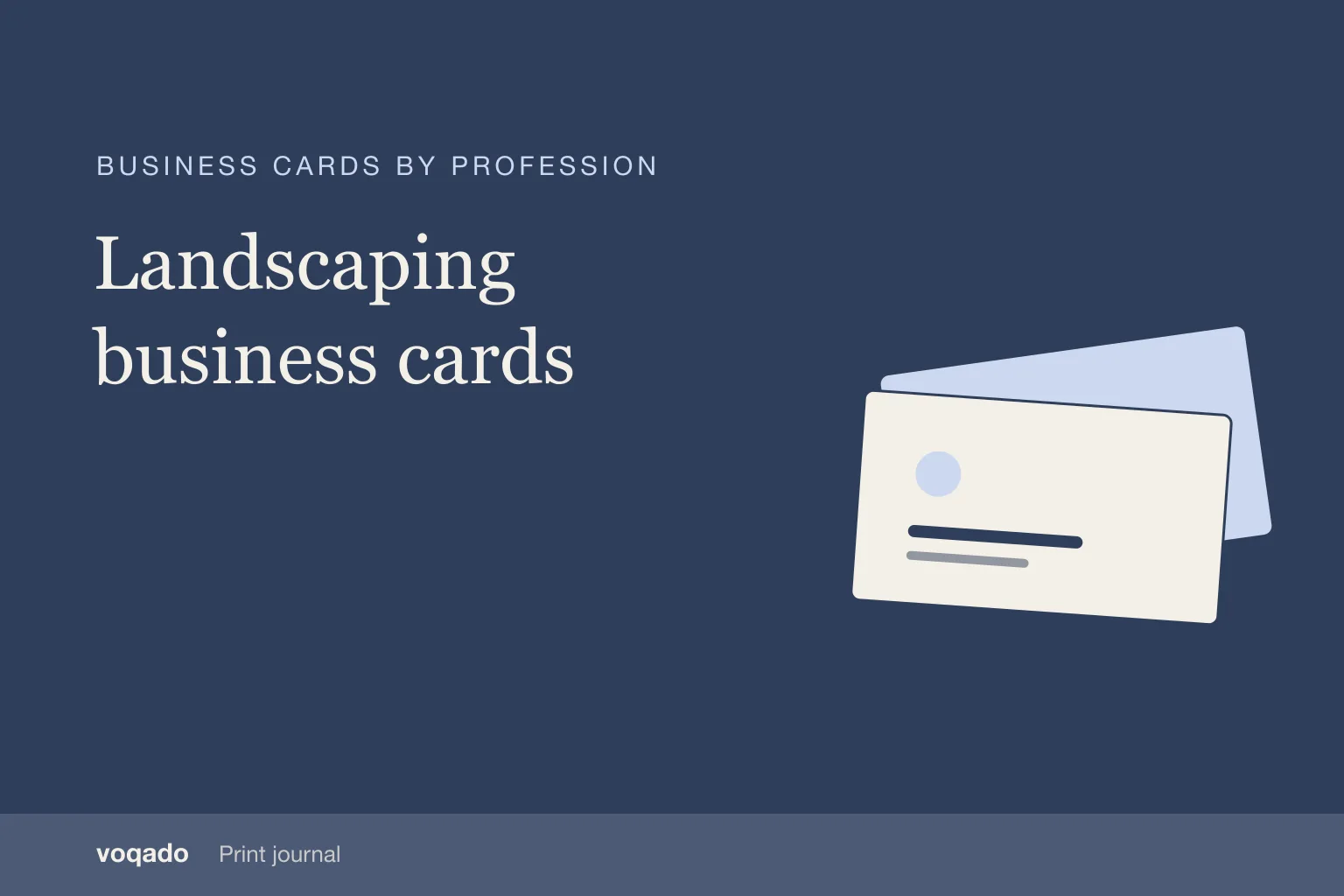 Editorial cover with the headline "Landscaping business cards" beside a simple illustration of stacked business cards.