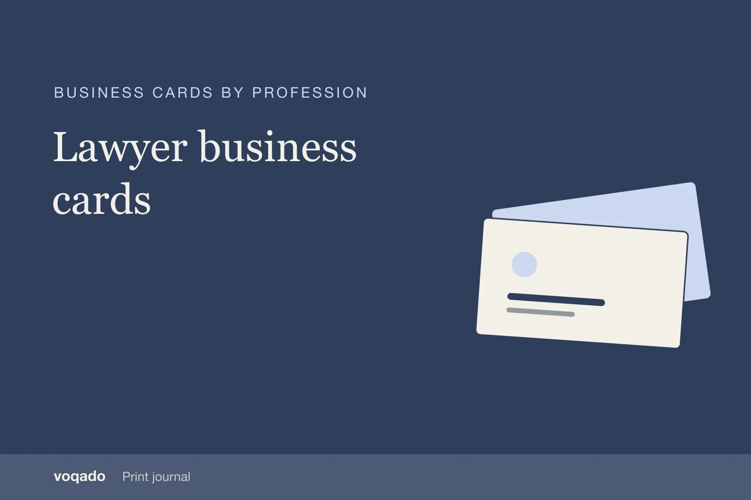 Editorial cover with the headline "Lawyer business cards" beside a simple illustration of stacked business cards.