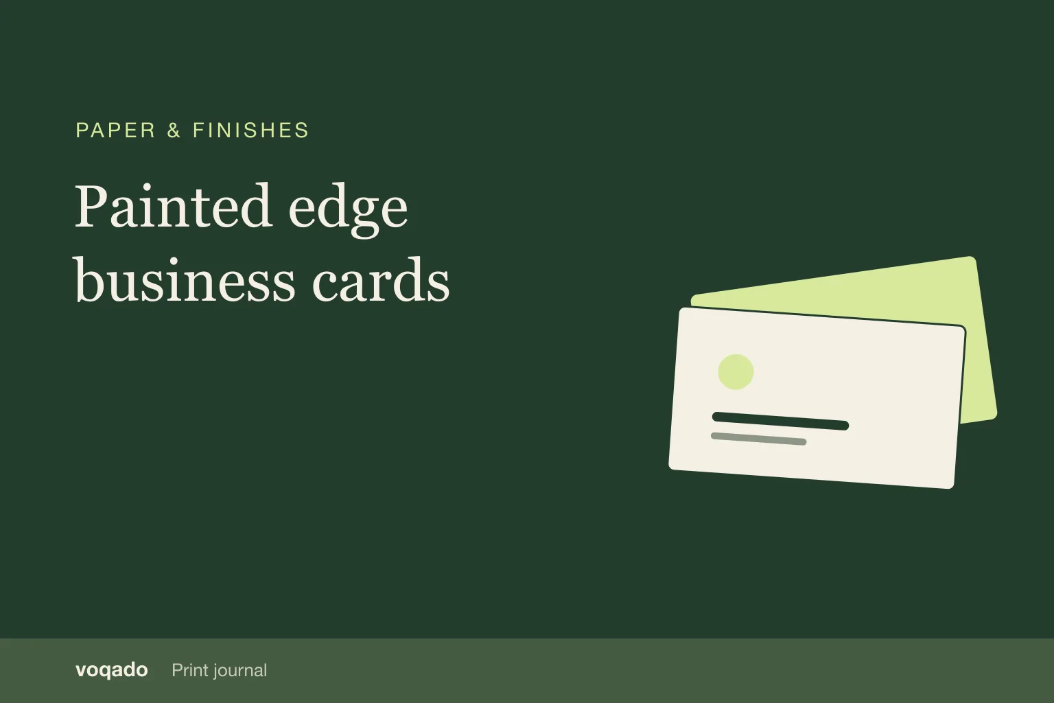 Editorial cover with the headline "Painted edge business cards" beside a simple illustration of stacked business cards.