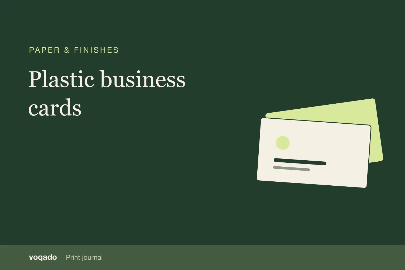 Editorial cover with the headline "Plastic business cards" beside a simple illustration of stacked business cards.