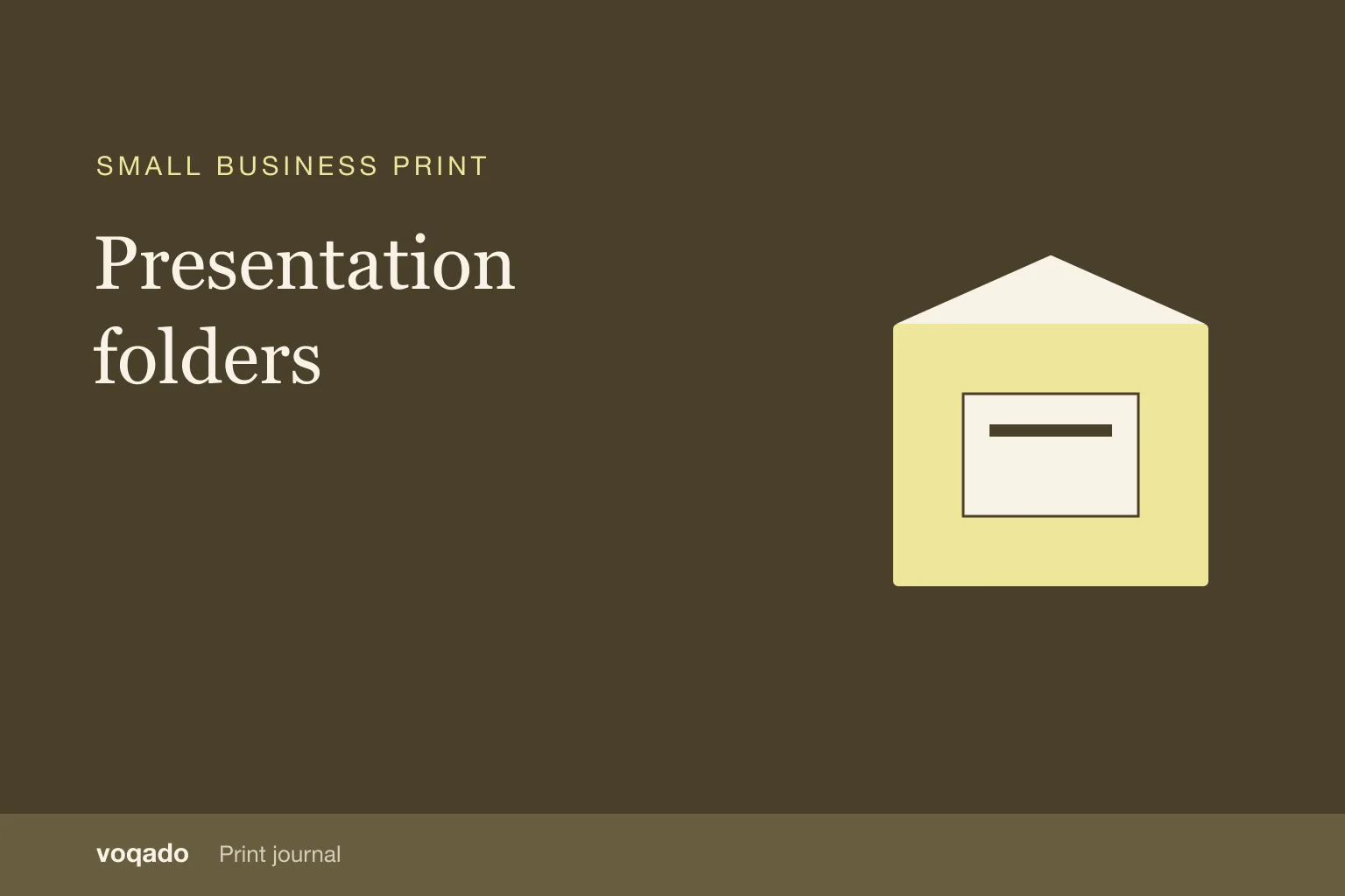 Editorial cover with the headline "Presentation folders" beside a simple illustration of a printed package and insert card.