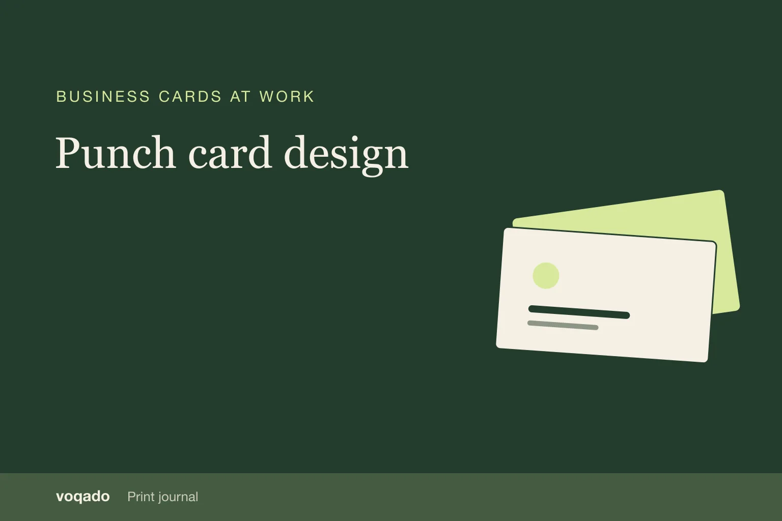Editorial cover with the headline "Punch card design" beside a simple illustration of stacked business cards.