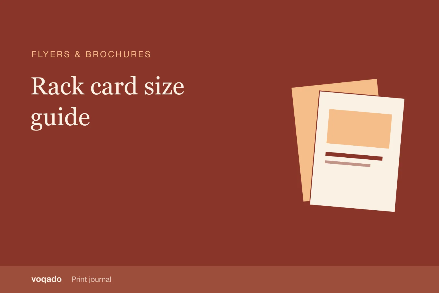 Editorial cover with the headline "Rack card size guide" beside a simple illustration of layered flyers.
