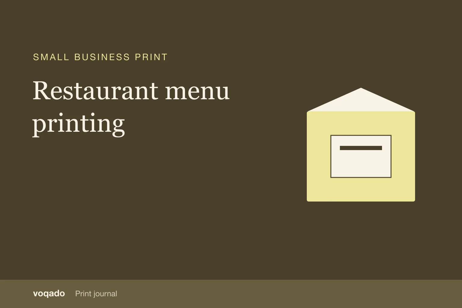 Editorial cover with the headline "Restaurant menu printing" beside a simple illustration of a printed package and insert card.