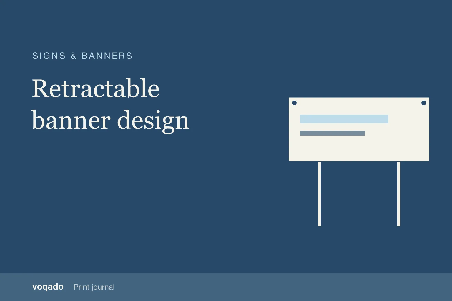 Editorial cover with the headline "Retractable banner design" beside a simple illustration of a banner on posts.