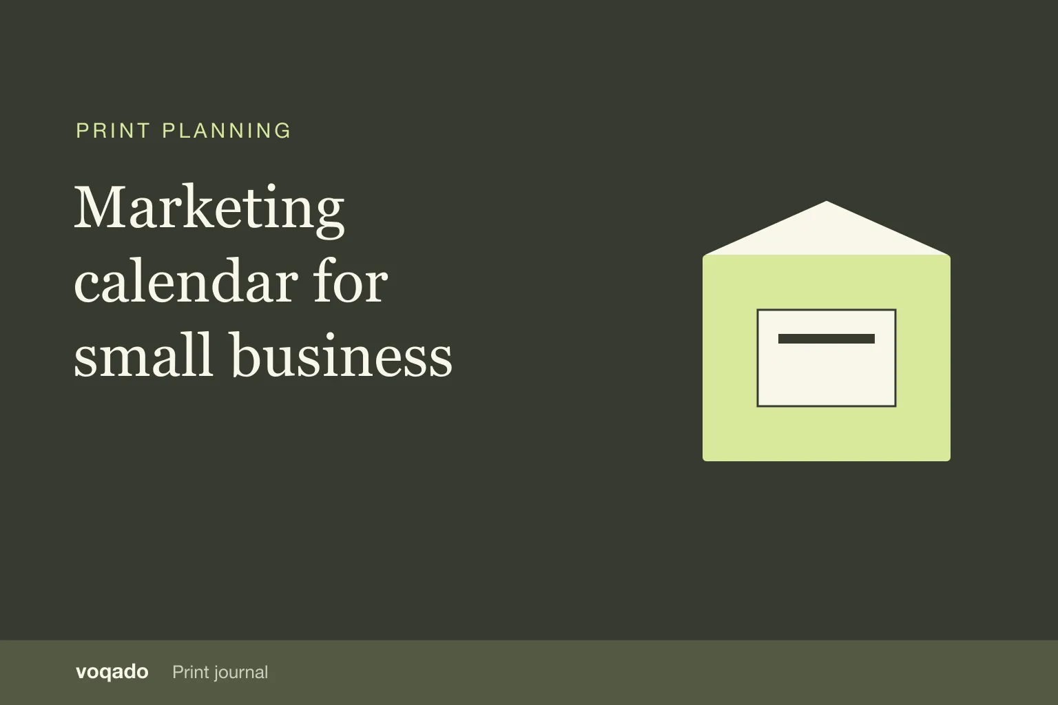 Editorial cover with the headline "Marketing calendar for small business" beside a simple illustration of stacked business cards.