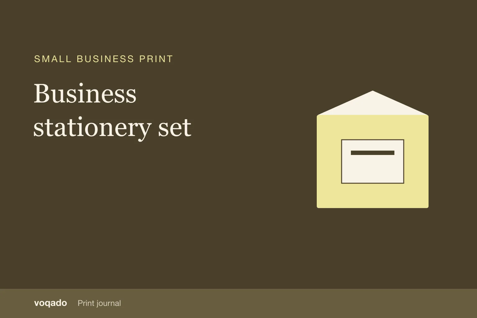 Voqado Print journal cover: "Business stationery set", with a simple envelope illustration.