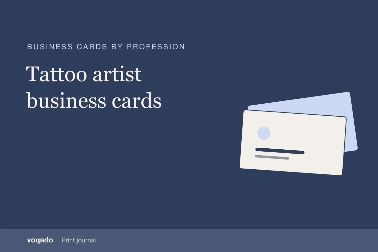 Editorial cover with the headline "Tattoo artist business cards" beside a simple illustration of stacked business cards.