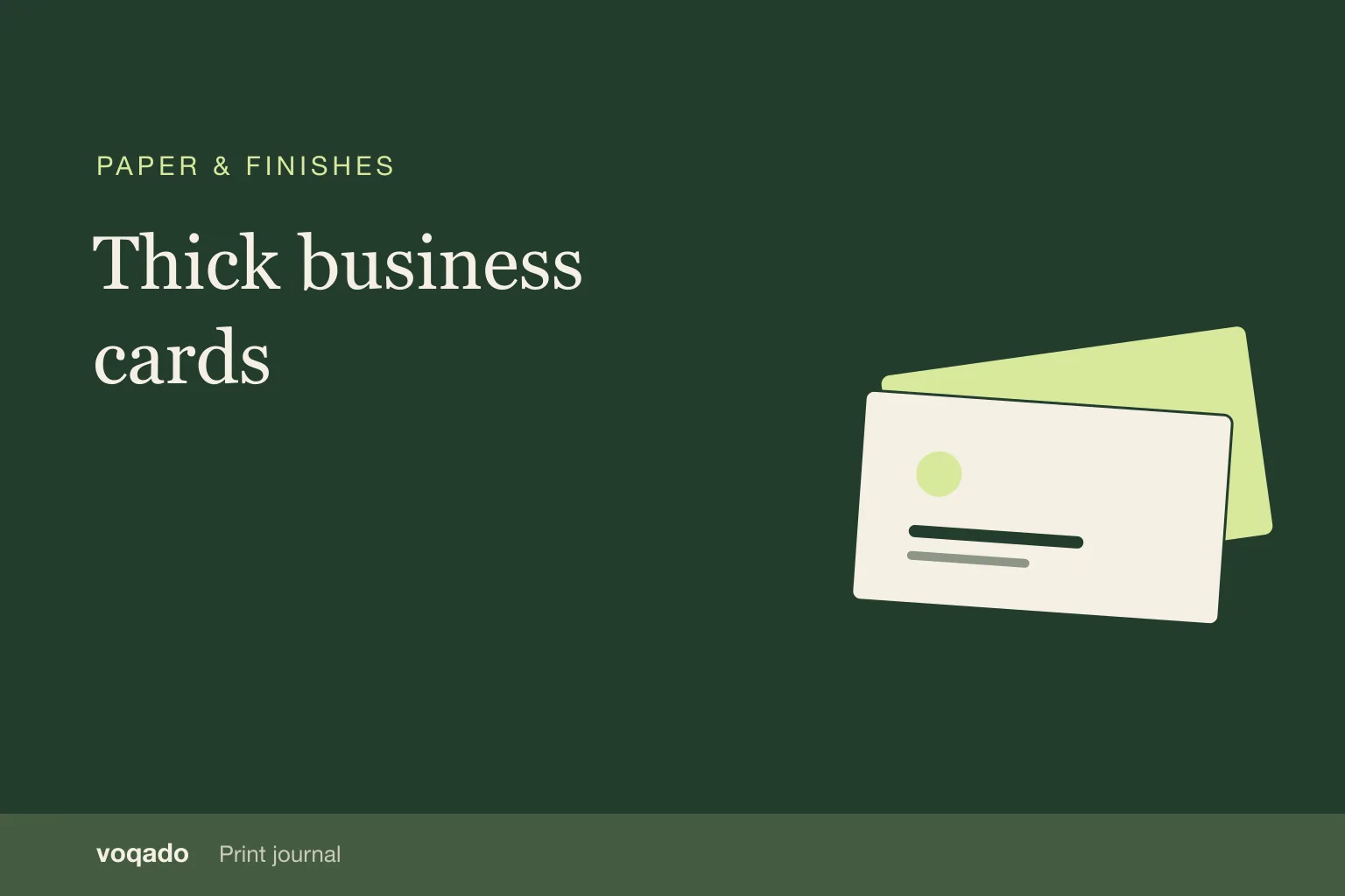 Editorial cover with the headline "Thick business cards" beside a simple illustration of stacked business cards.