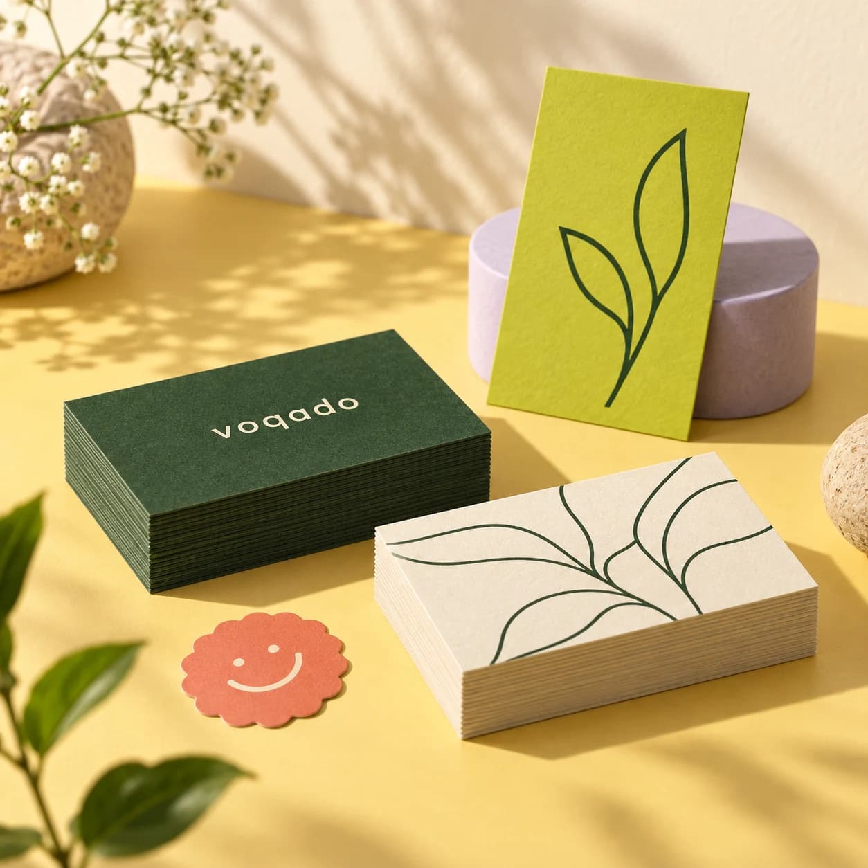 Forest green and cream business cards with botanical artwork, a lime accent card and a smiling coral sticker