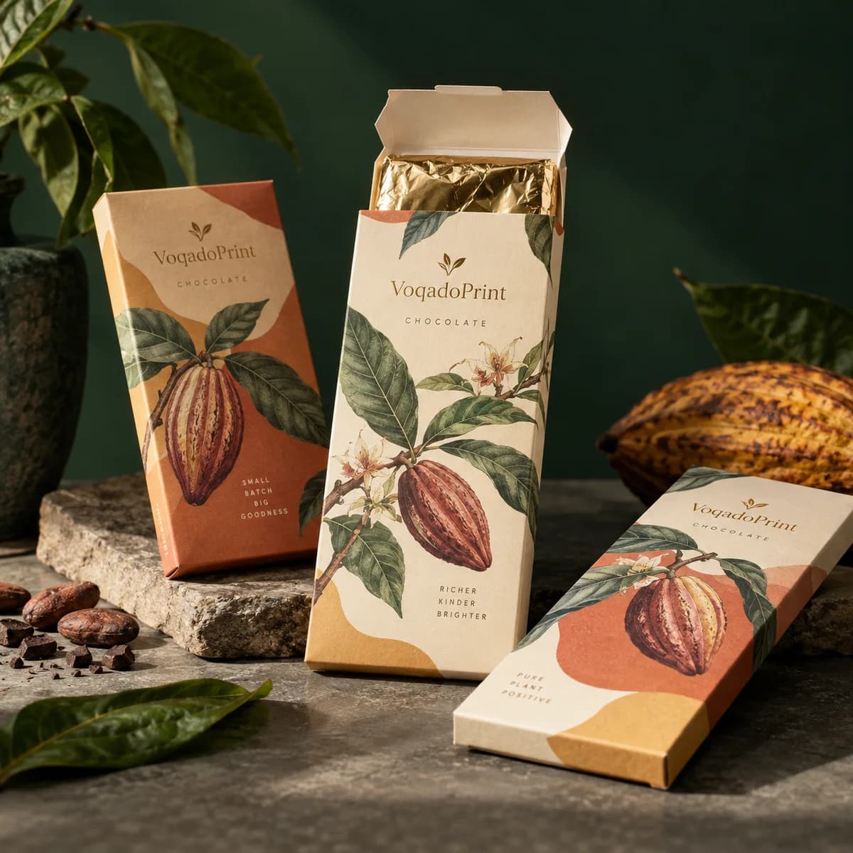 Chocolate bar boxes from the Voqado catalog, shown as a design concept.