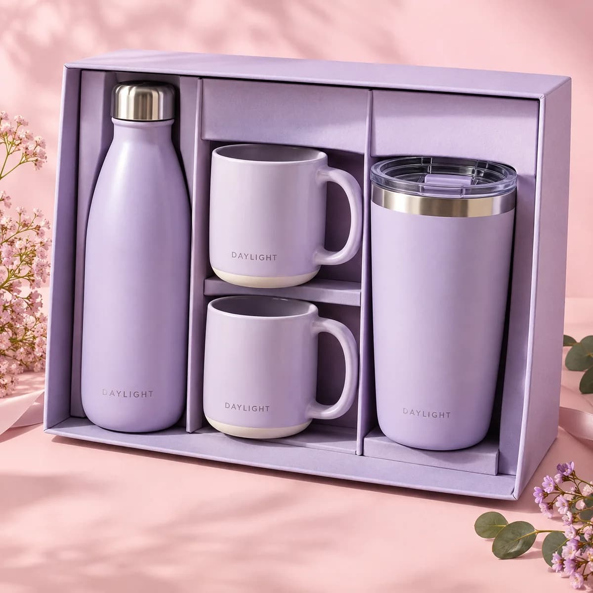 Drinkware gift sets from the Voqado catalog, shown as a design concept.