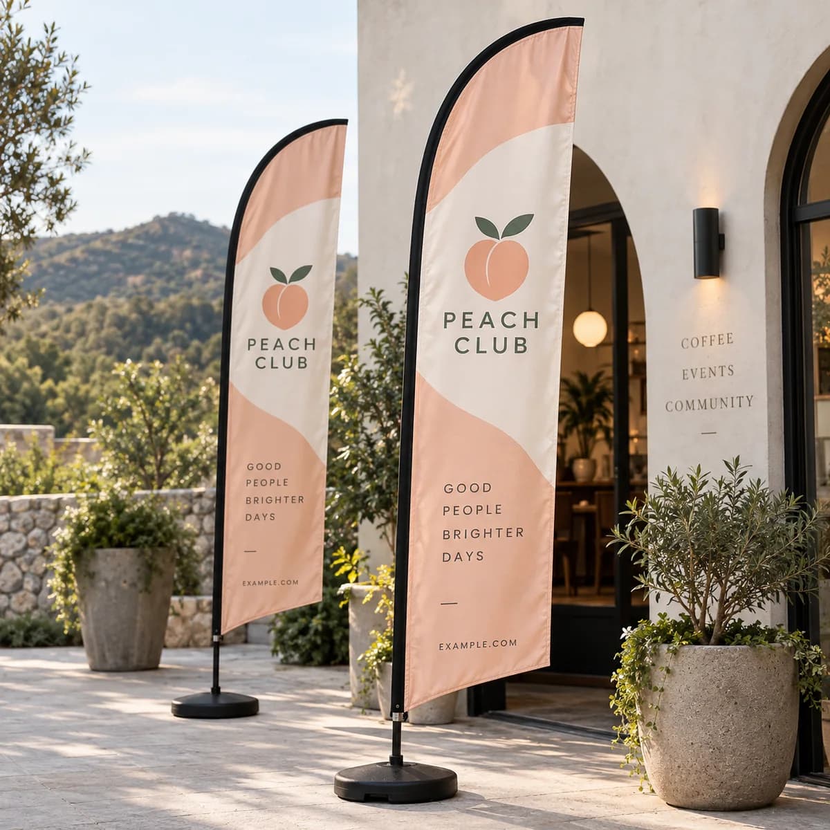 Voqado catalog image: an outdoor printed flag display seen from a distance.