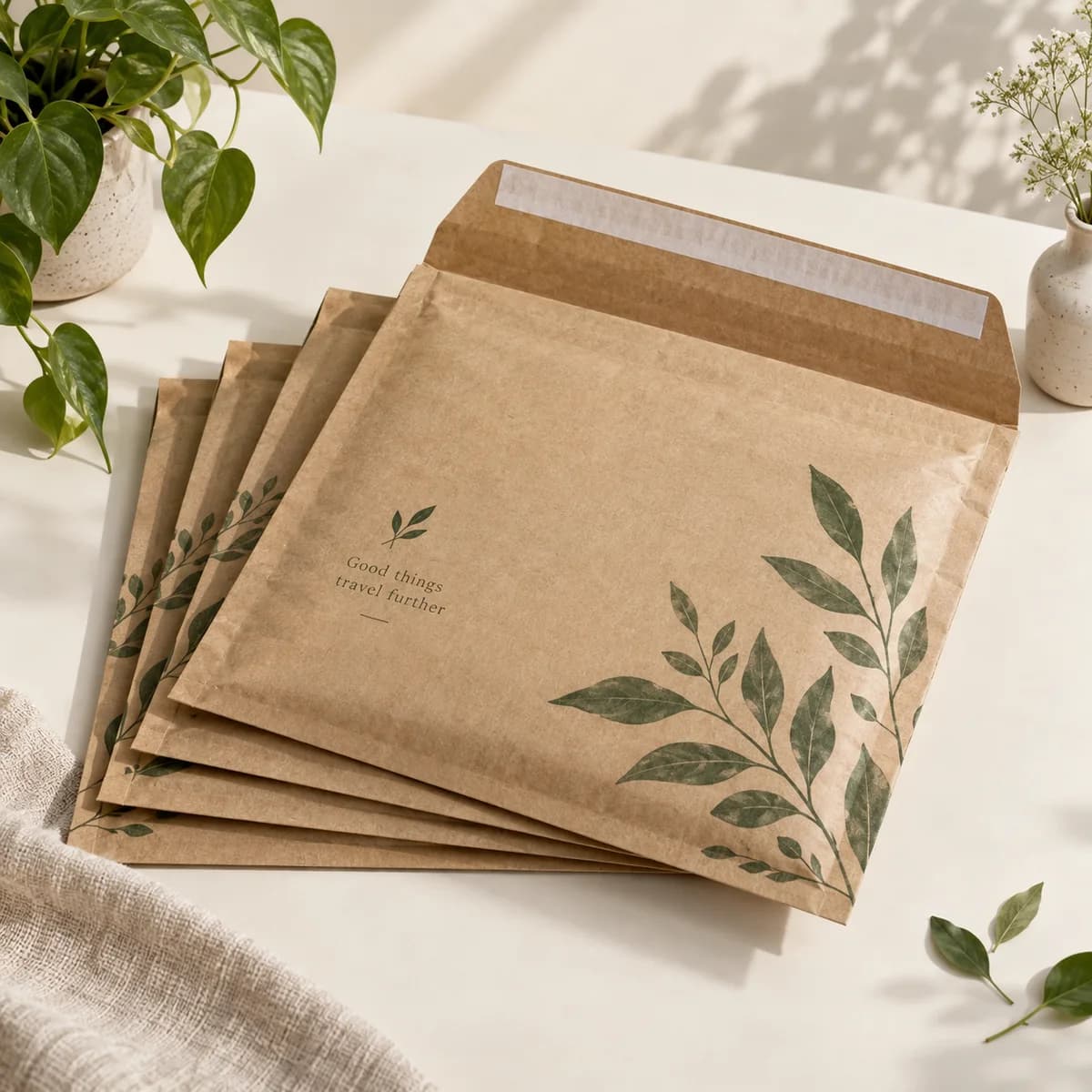 Kraft mailers: original Voqado product visualization; styling and props are illustrative