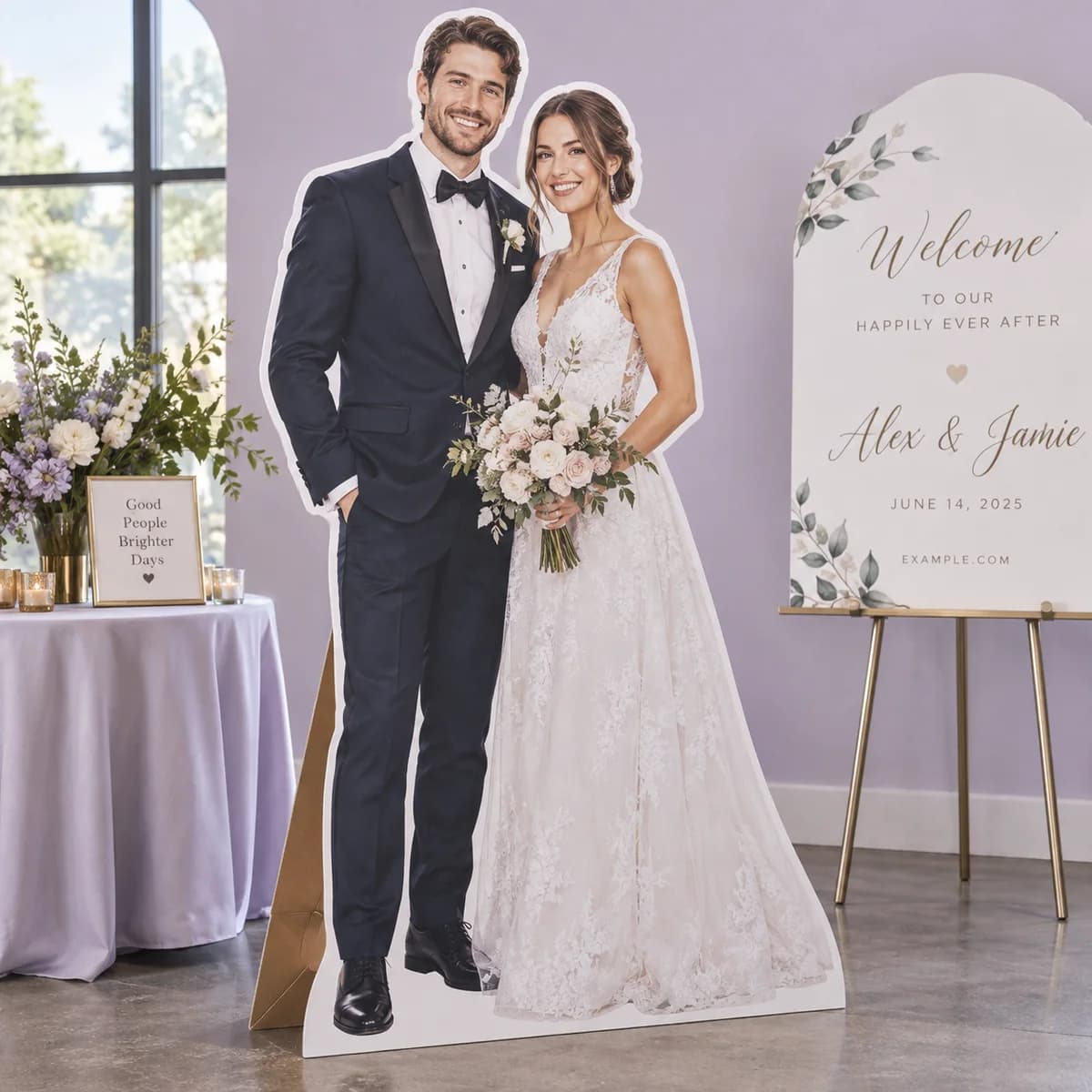 Voqado catalog image: a lightweight freestanding printed display that ships flat.