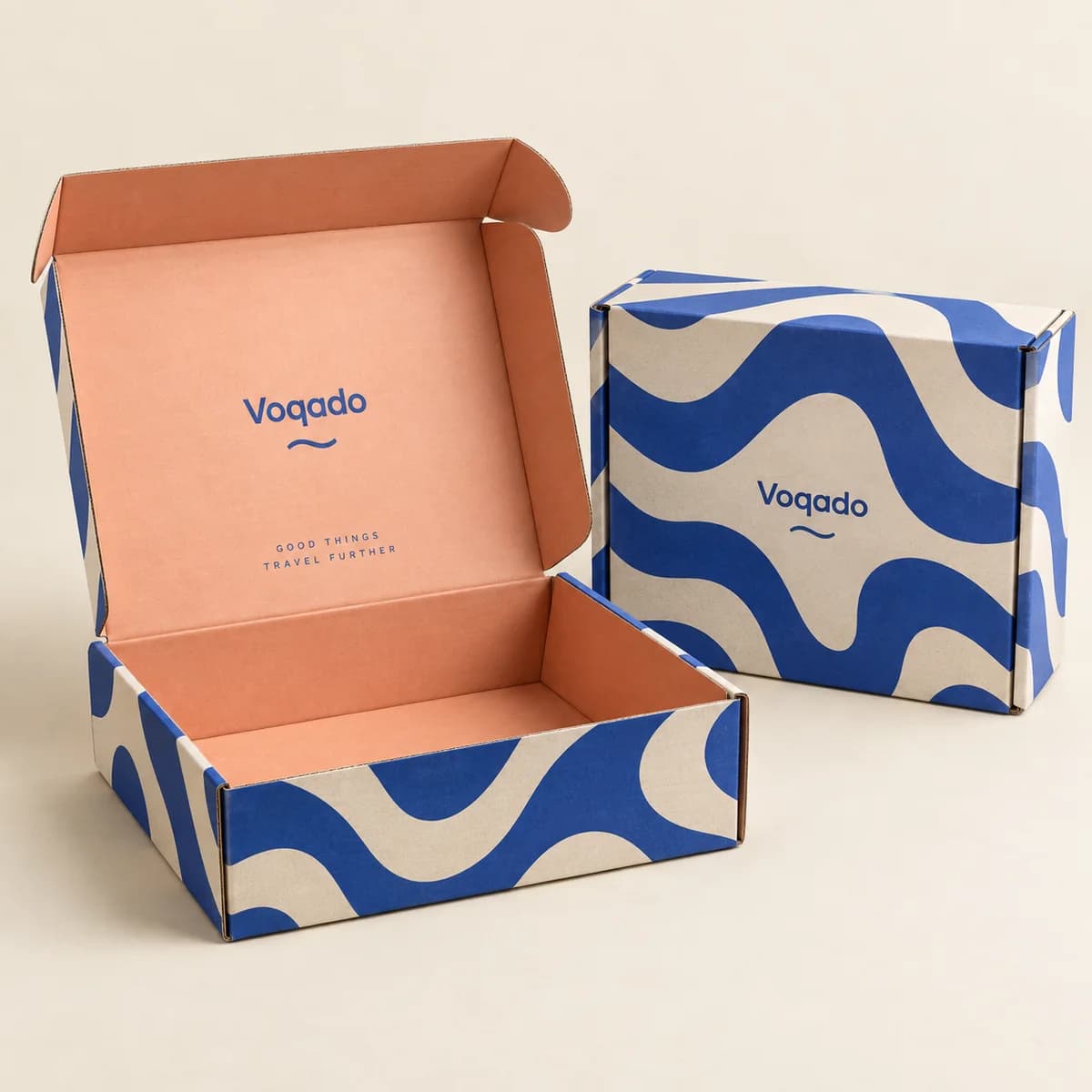 Mailer boxes from the Voqado catalog, shown as a design concept.