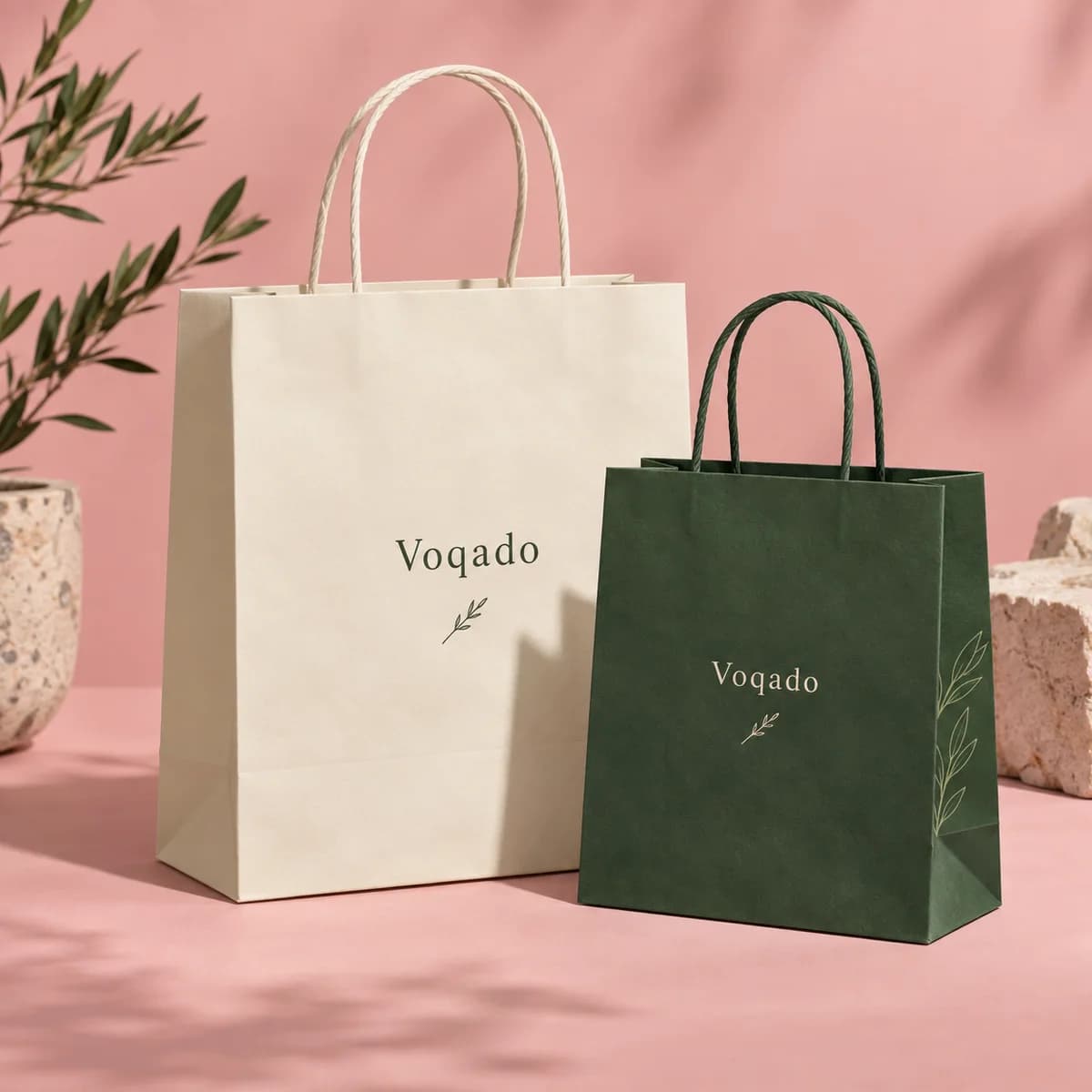 Paper shopping bags: original Voqado product visualization; styling and props are illustrative