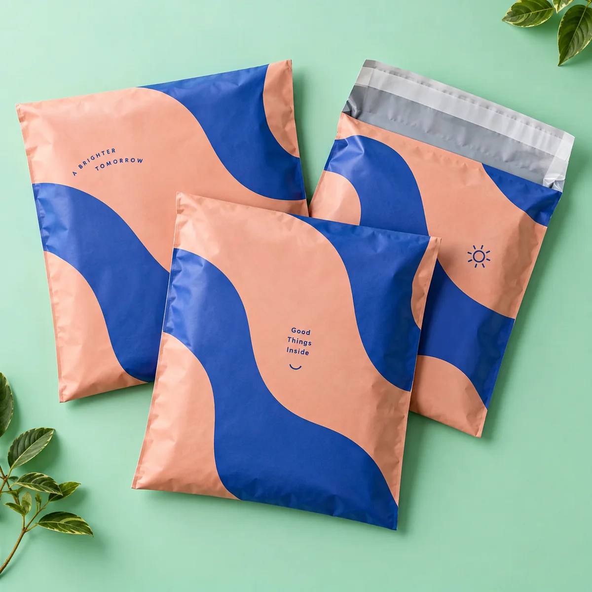 Poly mailers: original Voqado product visualization; styling and props are illustrative