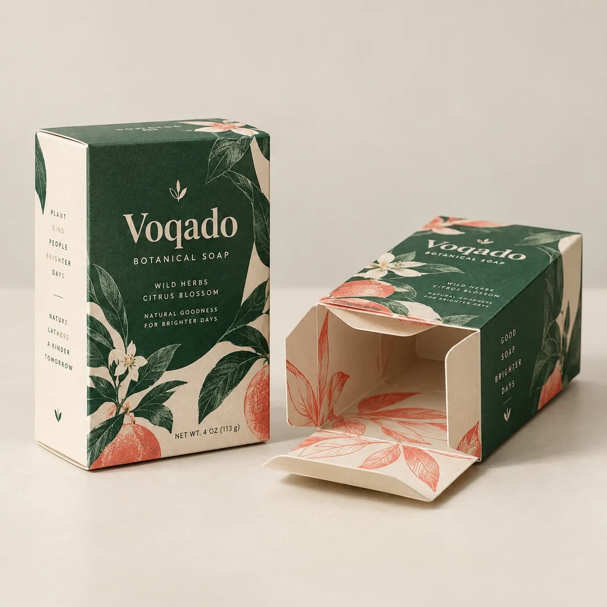 Reverse tuck boxes: original Voqado product visualization; styling and props are illustrative