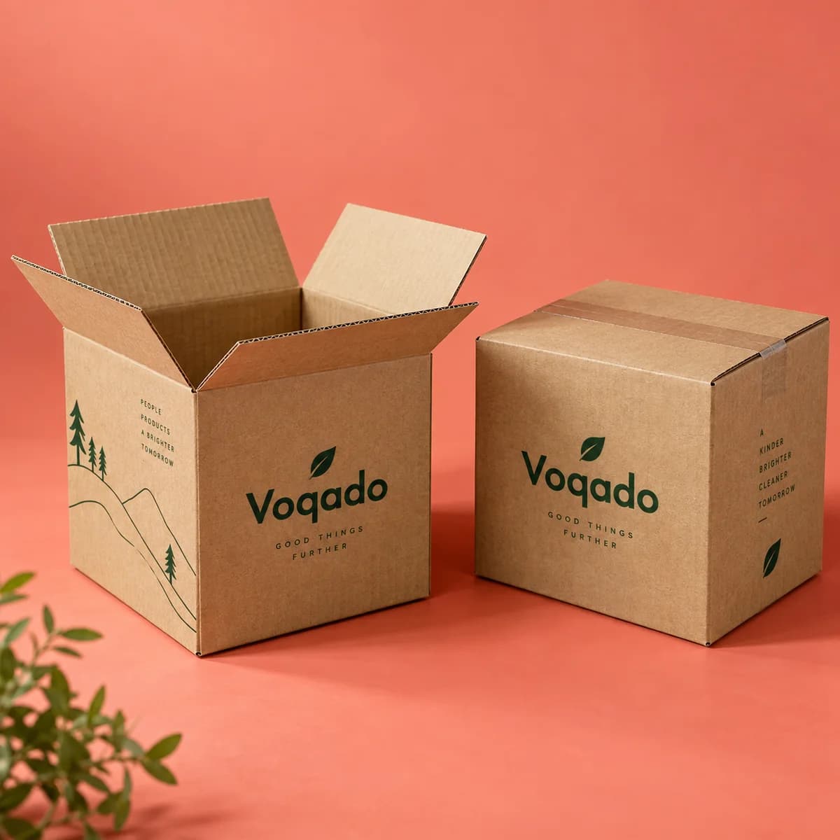 Shipping boxes: original Voqado product visualization; styling and props are illustrative