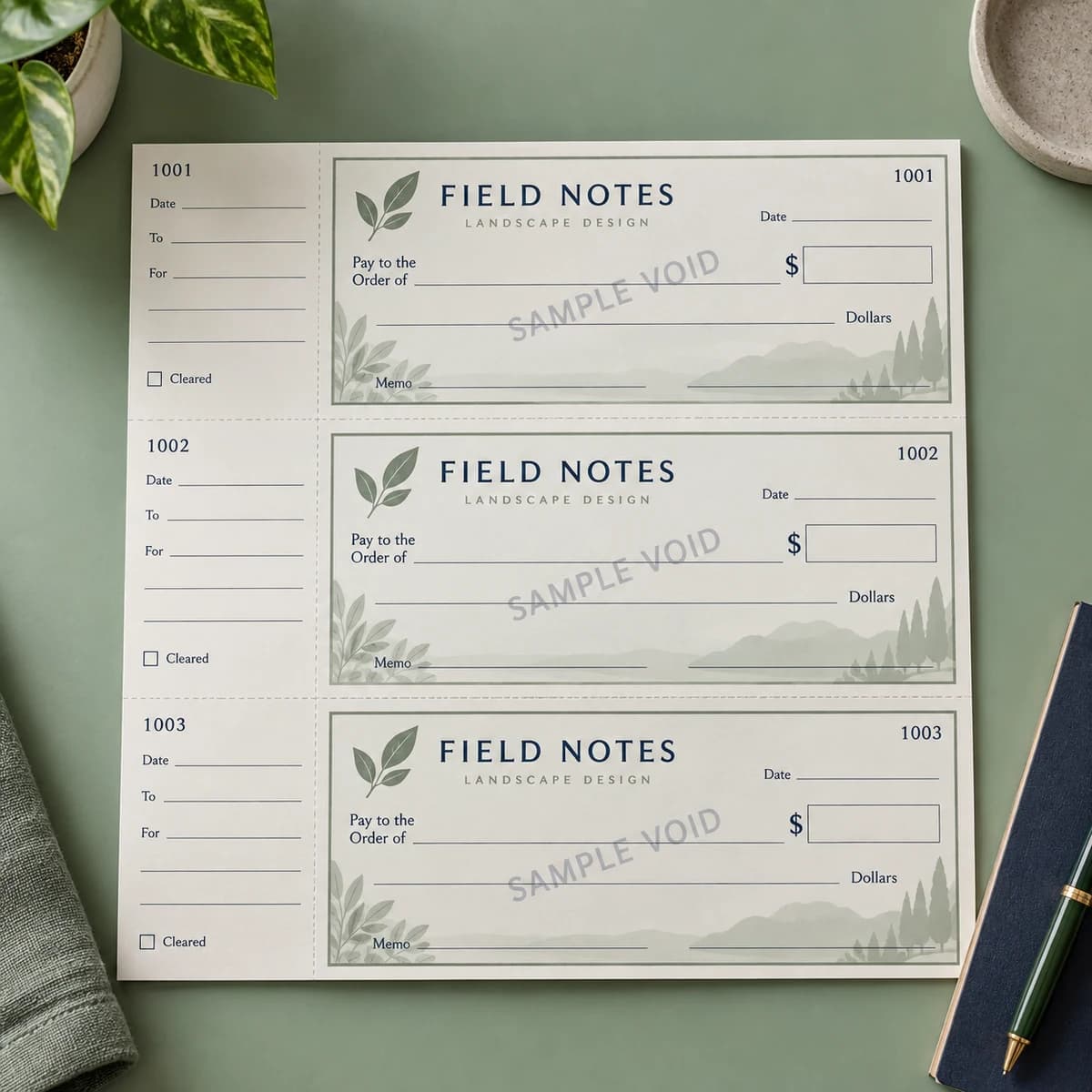 3-to-a-page business checks: FIELD NOTES fictional landscape design practice, studio composition. Illustrative design concept.