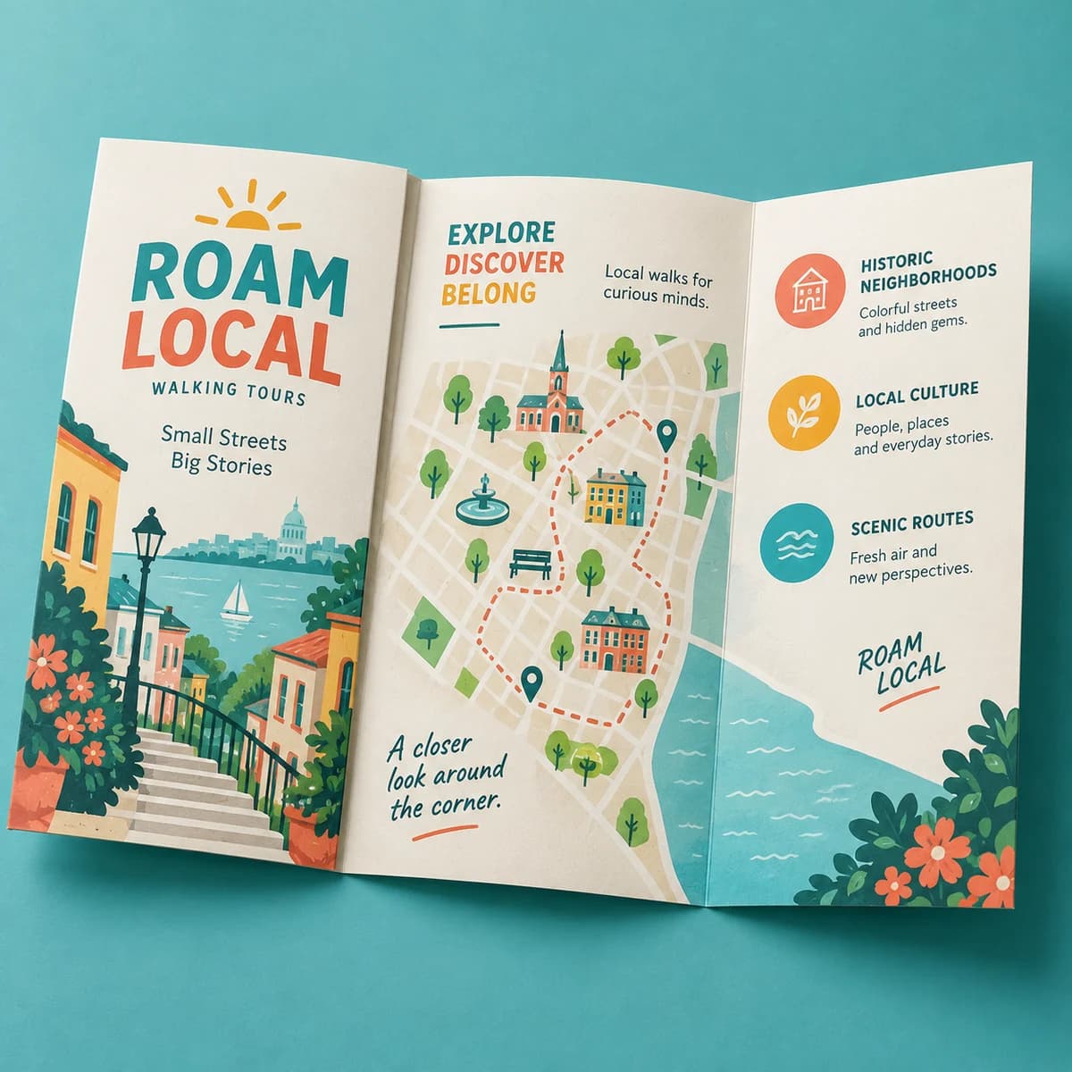 Brochures: ROAM LOCAL fictional small walking-tour business, studio composition. Illustrative design concept.