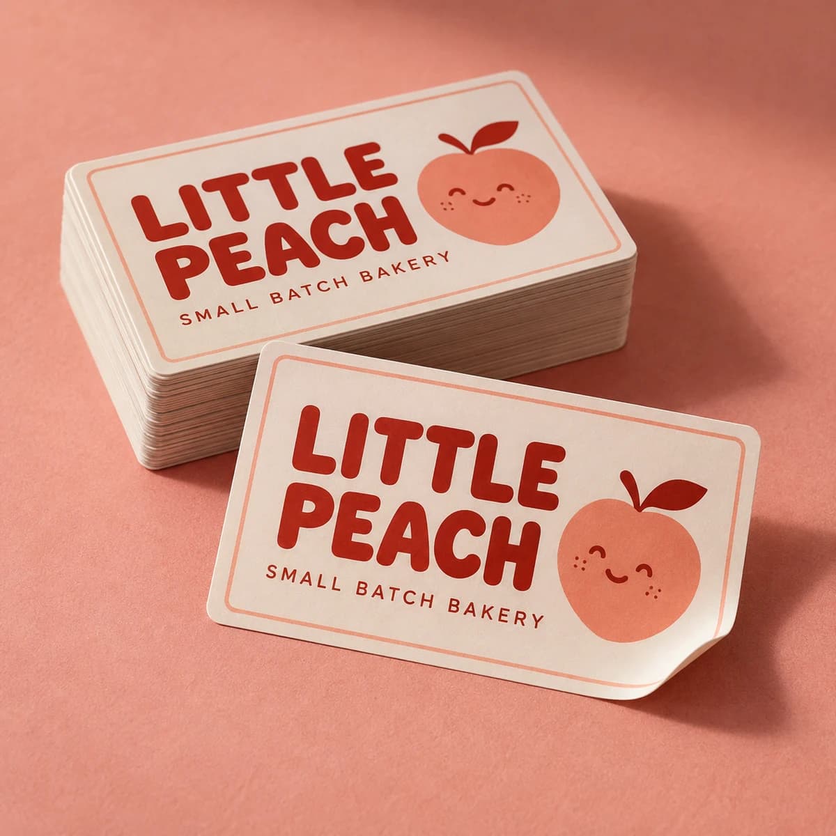Business card stickers: LITTLE PEACH fictional small batch bakery, studio composition. Illustrative design concept.