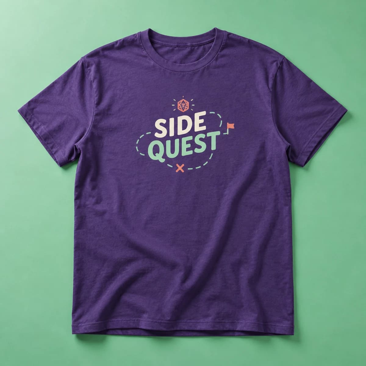 Custom T-shirts: SIDE QUEST fictional community game and puzzle club, studio composition. Illustrative design concept.