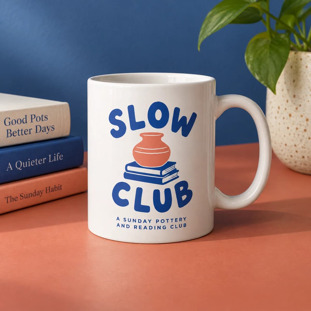 Custom mugs: SLOW CLUB fictional Sunday pottery and reading club, studio composition. Illustrative design concept.