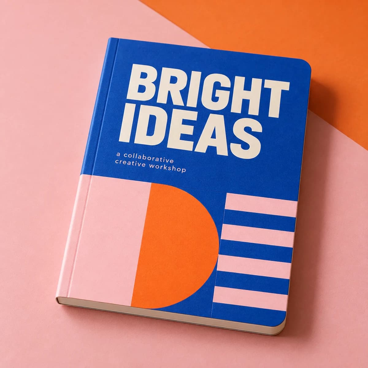 Custom notebooks: BRIGHT IDEAS fictional collaborative creative workshop, studio composition. Illustrative design concept.