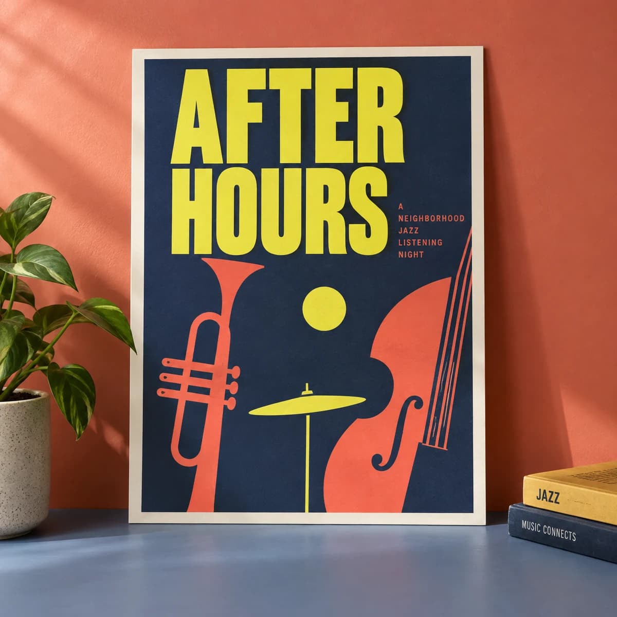 Custom posters: AFTER HOURS fictional neighborhood jazz listening night, studio composition. Illustrative design concept.