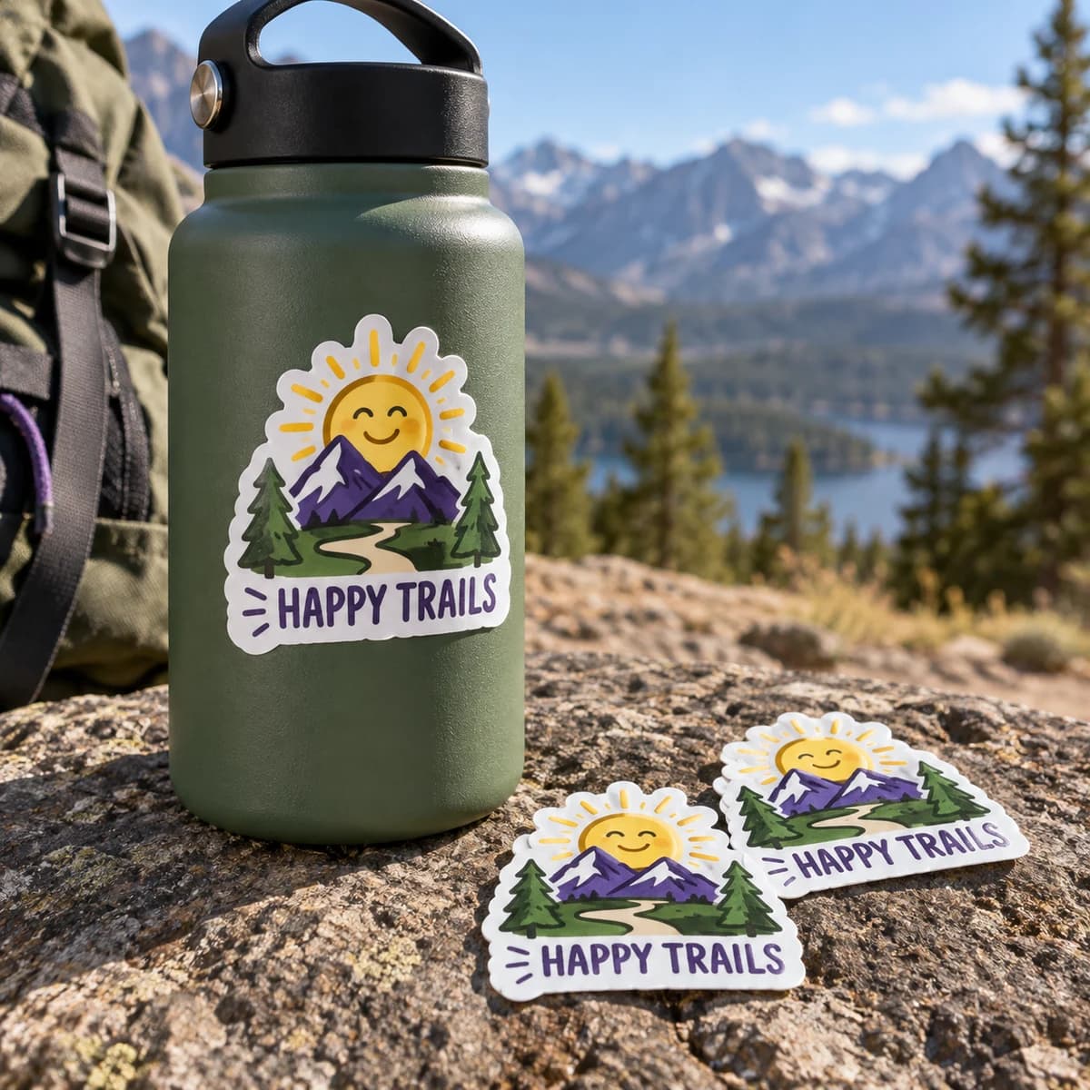Die cut sticker singles: HAPPY TRAILS fictional outdoor adventure club, one outdoor club sticker placed on a plain water bottle beside two loose sticker singles. Illustrative design concept.