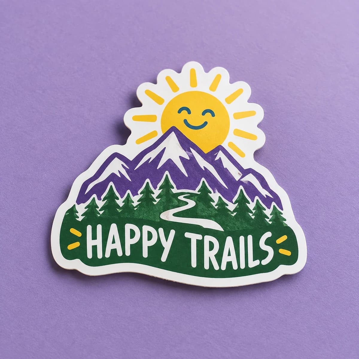 Die-cut sticker singles: HAPPY TRAILS fictional outdoor adventure club, studio composition. Illustrative design concept.