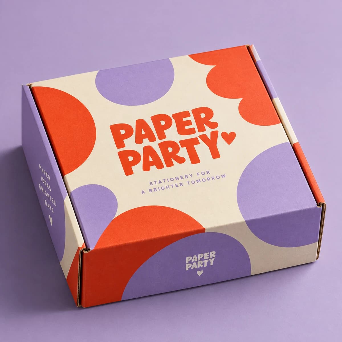 Mailer boxes: PAPER PARTY fictional colorful stationery subscription shop, studio composition. Illustrative design concept.