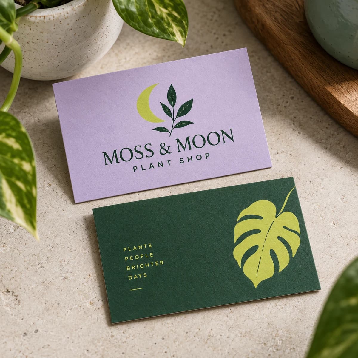 Matte business cards: MOSS & MOON fictional independent plant shop, design detail. Illustrative design concept.