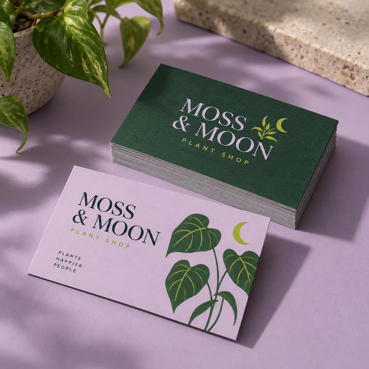 Matte business cards: MOSS & MOON fictional independent plant shop, studio composition. Illustrative design concept.