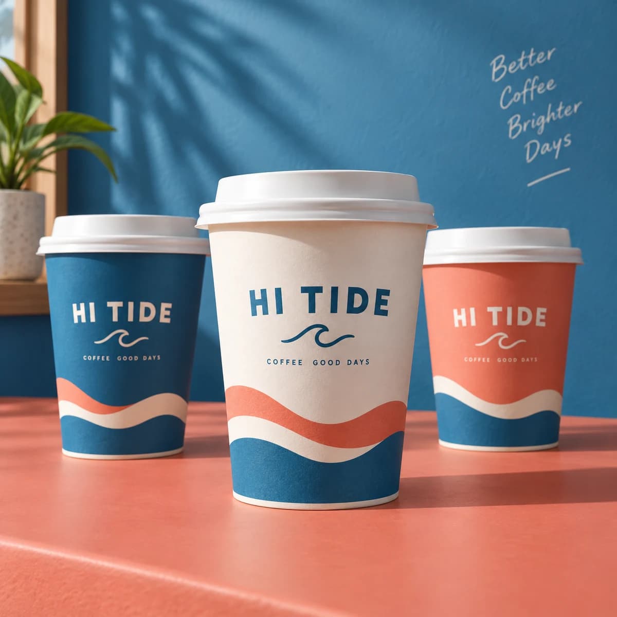 Paper cups: HI TIDE fictional relaxed neighborhood coffee shop, studio composition. Illustrative design concept.