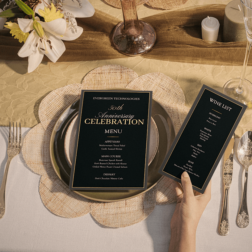 Voqado Event menu cards: Two black and gold menus for a 50th anniversary dinner on a set table, one held by a guest