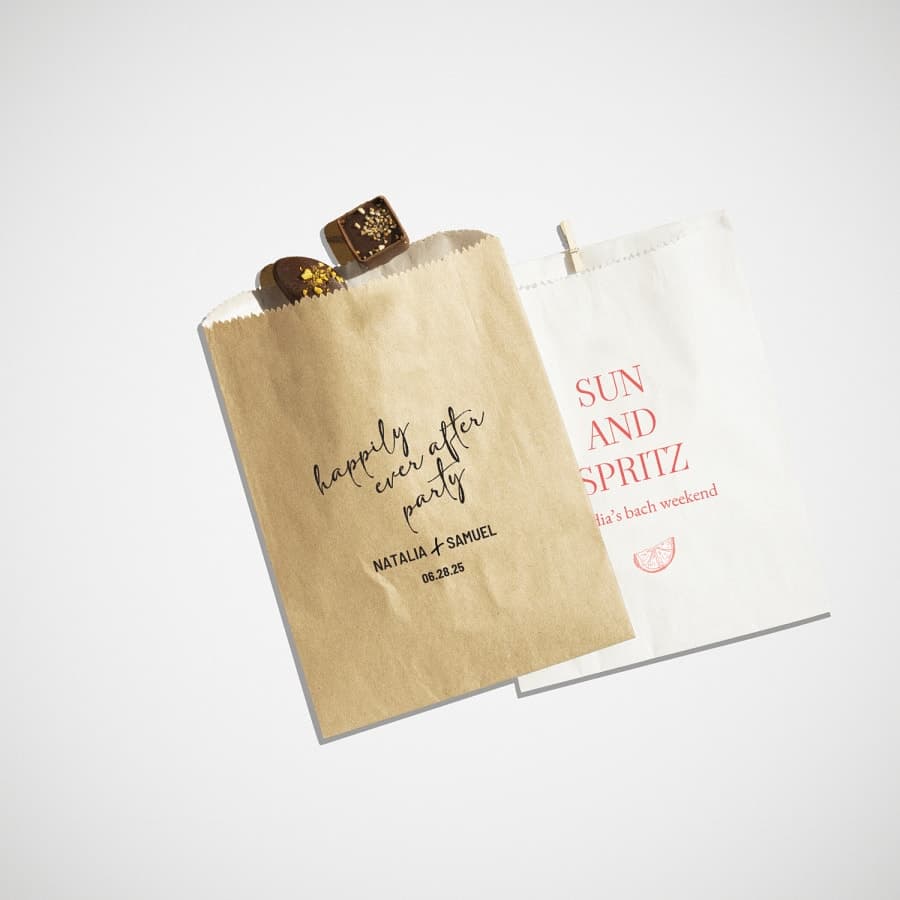 Voqado Favor bags: Two custom favor bags in kraft and white, one for a wedding and one for a bachelorette party