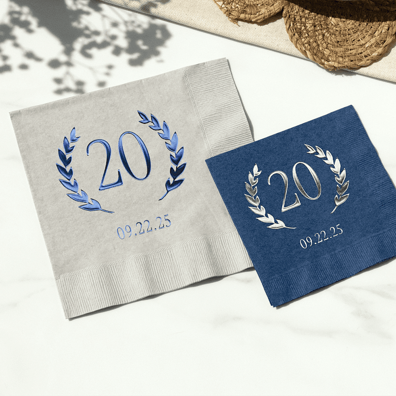 Voqado Foil napkins: Two birthday napkins, one with blue foil and one with silver foil