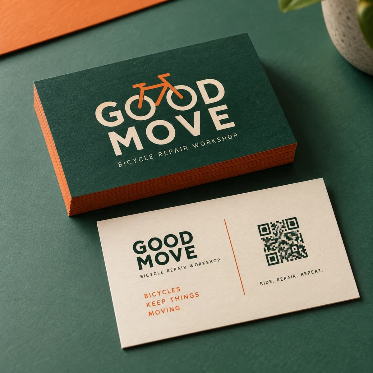 QR code business cards: GOOD MOVE fictional bicycle repair workshop, studio composition. Illustrative design concept.