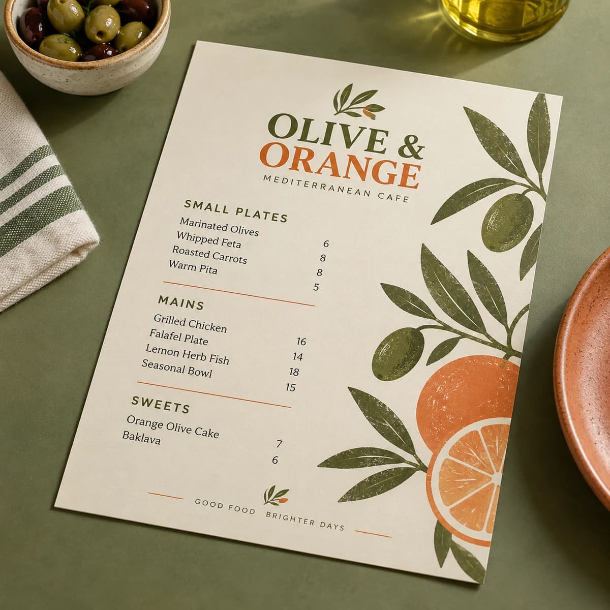 Restaurant menus: OLIVE & ORANGE fictional lively Mediterranean neighborhood cafe, studio composition. Illustrative design concept.
