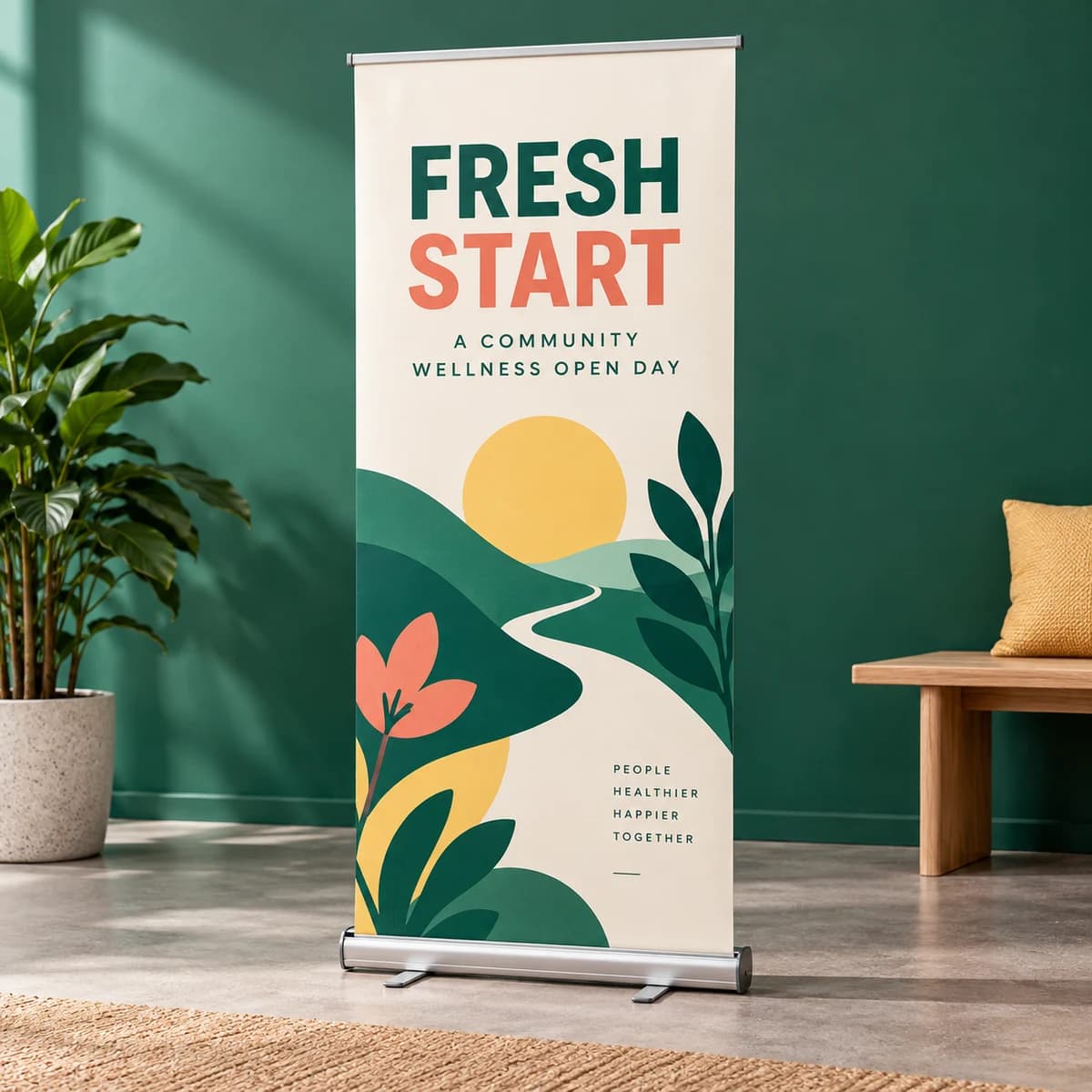 Retractable banners: FRESH START fictional community wellness open day, studio composition. Illustrative design concept.